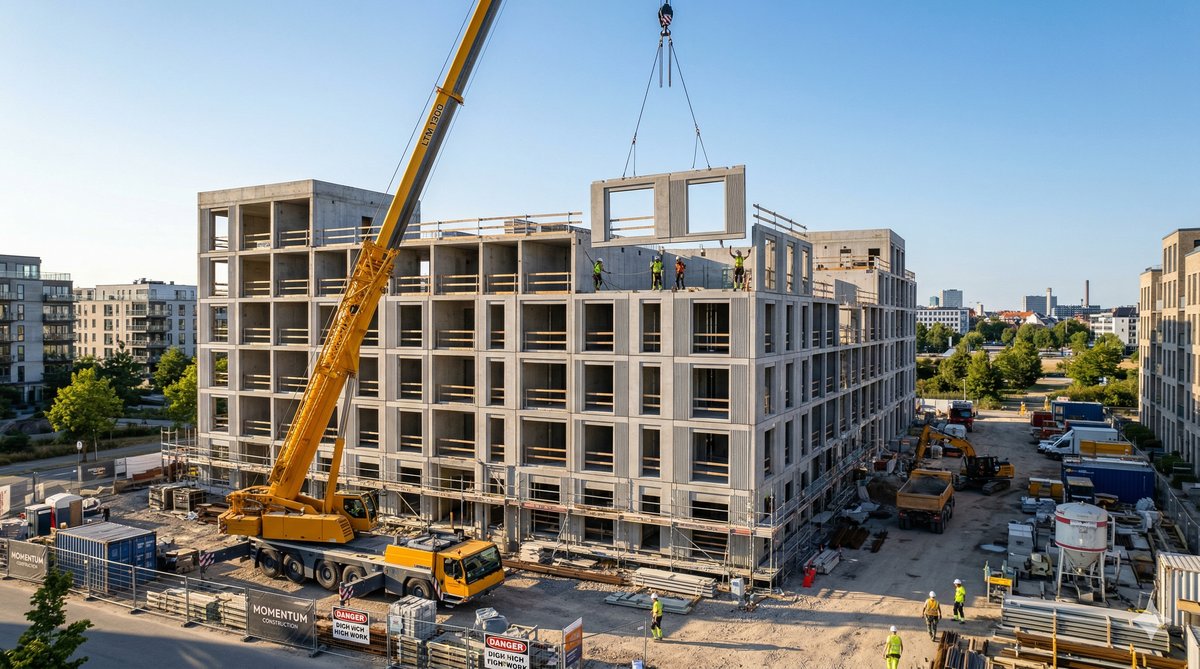 Instalación de paneles prefabricados de hormigón con grúa en edificio residencial
